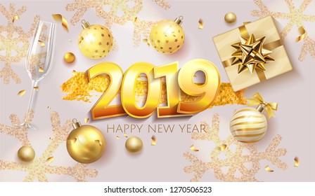 2019 golden number with confetti new year, merry christmas celebration decoration design elements with gift box and ball. Vector realistic traditional xmas party greeting symbols illustration