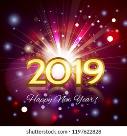2019 golden number happy new year greeting card with bright rays with particles on red background. Eps10 vector.