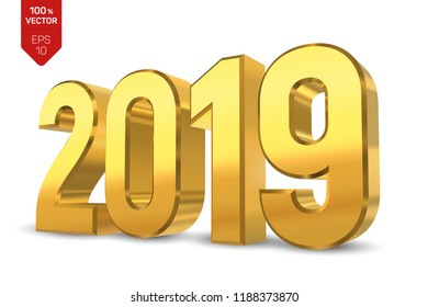 2019 Golden Numbers isolated on white background. 3D isometric new year sign for greeting card or poster. Happy New Year 2019. Vector Illustration.