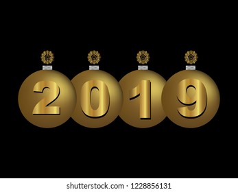 2019 golden text isolated on black background. Happy new year design. Christmas trees toys.