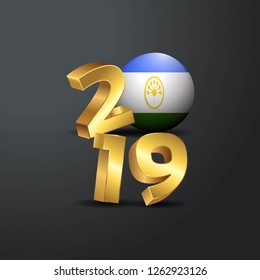 2019 Golden Typography with Bashkortostan Flag. Happy New Year Lettering