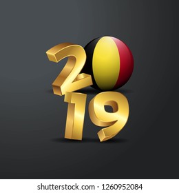 2019 Golden Typography with Belgium Flag. Happy New Year Lettering