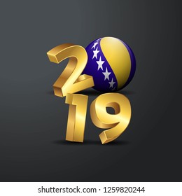 2019 Golden Typography with Bosnia and Herzegovina Flag. Happy New Year Lettering