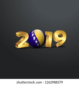 2019 Golden Typography with Bosnia and Herzegovina Flag. Happy New Year Lettering