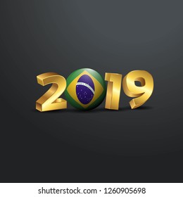 2019 Golden Typography with Brazil Flag. Happy New Year Lettering