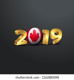 2019 Golden Typography with Canada Flag. Happy New Year Lettering