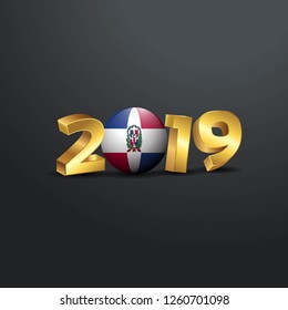 2019 Golden Typography with Dominican Republic Flag. Happy New Year Lettering