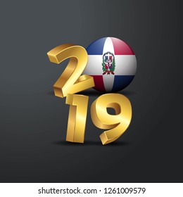 2019 Golden Typography with Dominican Republic Flag. Happy New Year Lettering