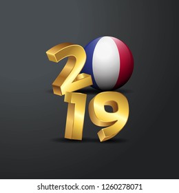 2019 Golden Typography with France Flag. Happy New Year Lettering