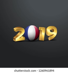 2019 Golden Typography with France Flag. Happy New Year Lettering