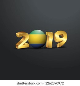 2019 Golden Typography with Gabon Flag. Happy New Year Lettering