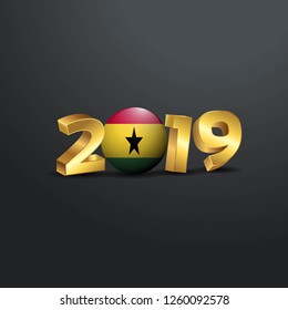 2019 Golden Typography with Ghana Flag. Happy New Year Lettering