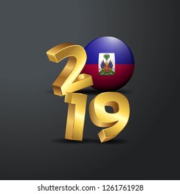 2019 Golden Typography with Haiti Flag. Happy New Year Lettering