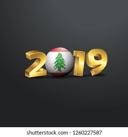 2019 Golden Typography with Lebanon Flag. Happy New Year Lettering