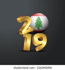 2019 Golden Typography with Lebanon Flag. Happy New Year Lettering