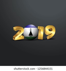 2019 Golden Typography with Lesotho Flag. Happy New Year Lettering