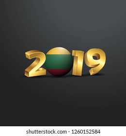 2019 Golden Typography with Lithuania Flag. Happy New Year Lettering