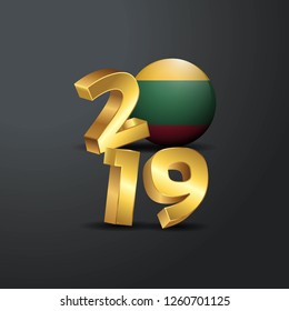 2019 Golden Typography with Lithuania Flag. Happy New Year Lettering