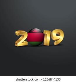 2019 Golden Typography with Malawi Flag. Happy New Year Lettering
