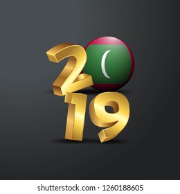 2019 Golden Typography with Maldives Flag. Happy New Year Lettering