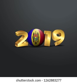2019 Golden Typography with Moldova Flag. Happy New Year Lettering