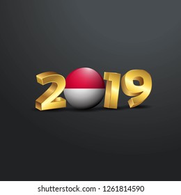 2019 Golden Typography with Monaco Flag. Happy New Year Lettering
