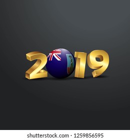 2019 Golden Typography with Montserrat Flag. Happy New Year Lettering