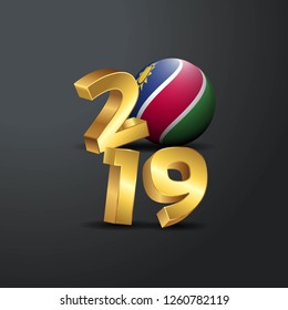 2019 Golden Typography with Namibia Flag. Happy New Year Lettering