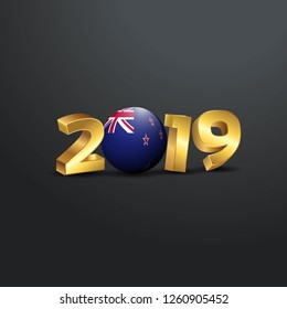 2019 Golden Typography with New Zealand Flag. Happy New Year Lettering