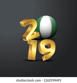 2019 Golden Typography with Nigeria Flag. Happy New Year Lettering