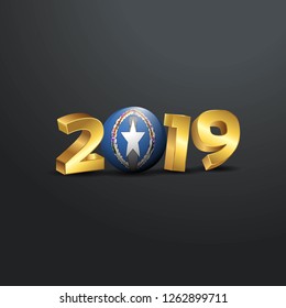 2019 Golden Typography with Northern Mariana Islands Flag. Happy New Year Lettering
