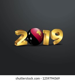 2019 Golden Typography with Papua New Guinea Flag. Happy New Year Lettering