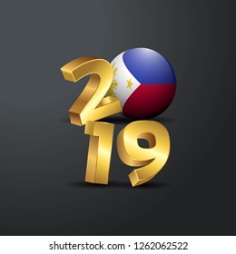 2019 Golden Typography with Phillipines Flag. Happy New Year Lettering