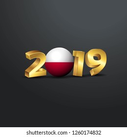 2019 Golden Typography with Poland Flag. Happy New Year Lettering