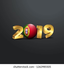 2019 Golden Typography with Portugal Flag. Happy New Year Lettering