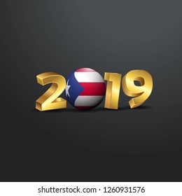 2019 Golden Typography with Puerto Rico Flag. Happy New Year Lettering