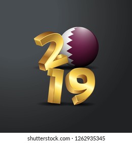 2019 Golden Typography with Qatar Flag. Happy New Year Lettering