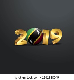 2019 Golden Typography with Saint Kitts and Nevis Flag. Happy New Year Lettering