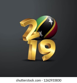 2019 Golden Typography with Saint Kitts and Nevis Flag. Happy New Year Lettering