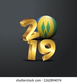 2019 Golden Typography with Saint Vincent and Grenadines Flag. Happy New Year Lettering