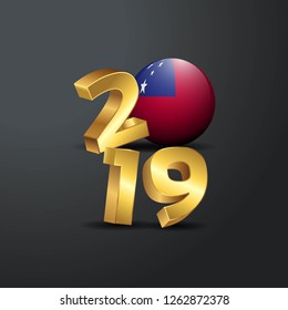 2019 Golden Typography with Samoa Flag. Happy New Year Lettering