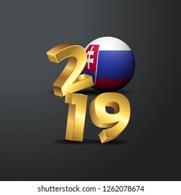 2019 Golden Typography with Slovakia Flag. Happy New Year Lettering