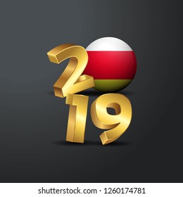 2019 Golden Typography with South Ossetia Flag. Happy New Year Lettering