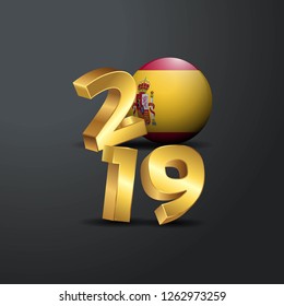 2019 Golden Typography with Spain Flag. Happy New Year Lettering