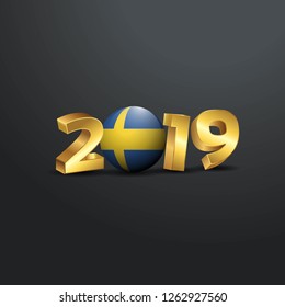2019 Golden Typography with Sweden Flag. Happy New Year Lettering