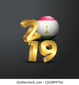 2019 Golden Typography with Tajikistan Flag. Happy New Year Lettering