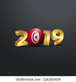 2019 Golden Typography with Tunisia Flag. Happy New Year Lettering