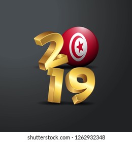 2019 Golden Typography with Tunisia Flag. Happy New Year Lettering