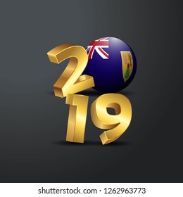 2019 Golden Typography with Turks and Caicos Islands Flag. Happy New Year Lettering