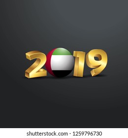 2019 Golden Typography with UAE Flag. Happy New Year Lettering
